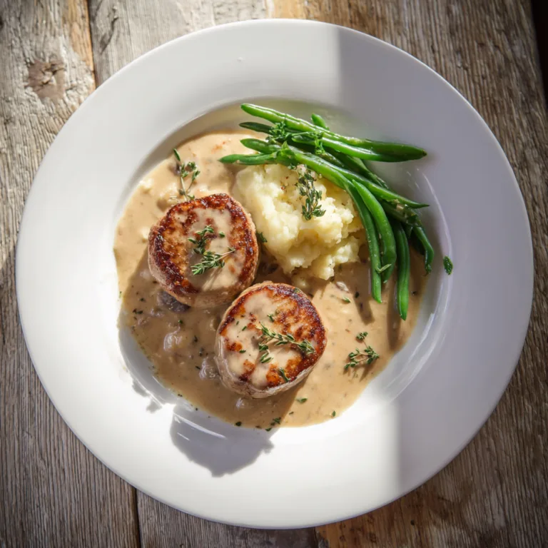 Filet mignon de porc au Maroilles avec purée crémeuse et haricots verts, vue du dessus sur assiette blanche