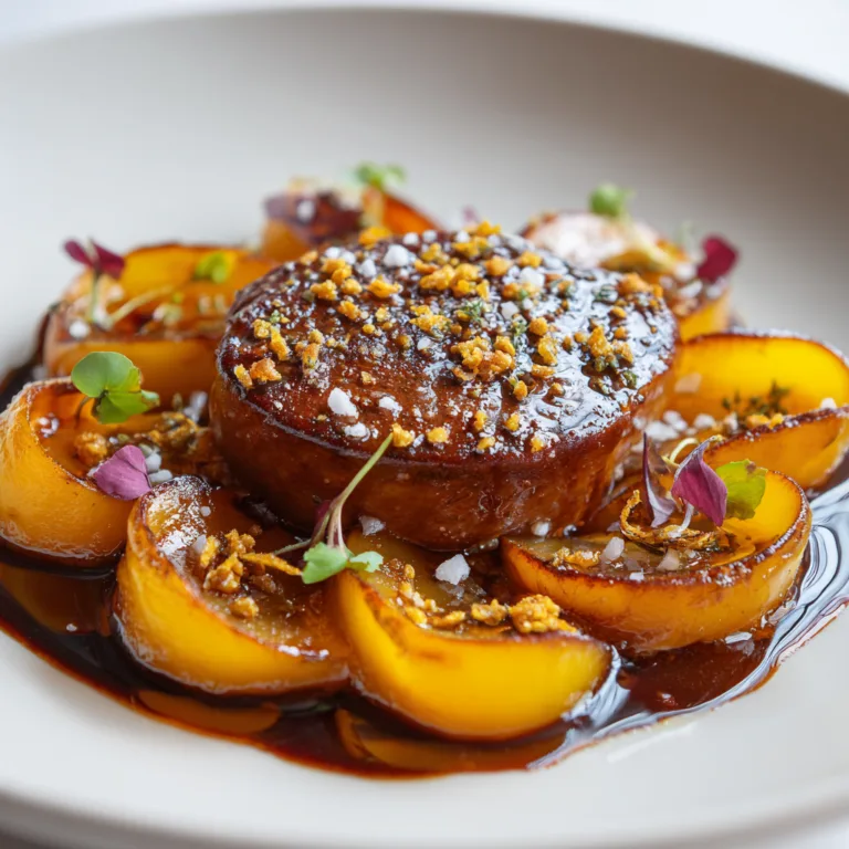 Foie gras poêlé aux pommes caramélisées disposé sur assiette blanche gastronomique avec sauce balsamique