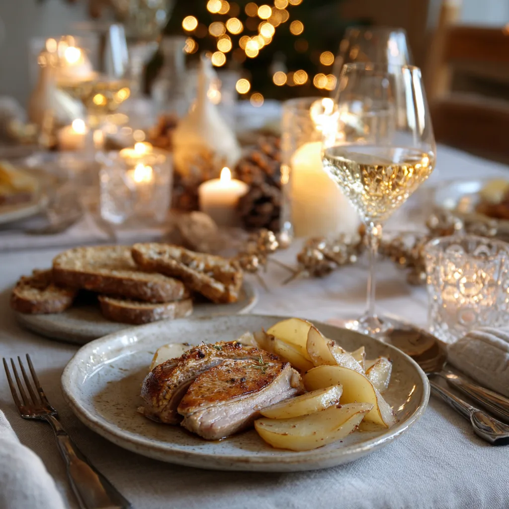 Assiette de foie gras poêlé aux pommes caramélisées servie sur table de fêtes élégante avec accompagnements