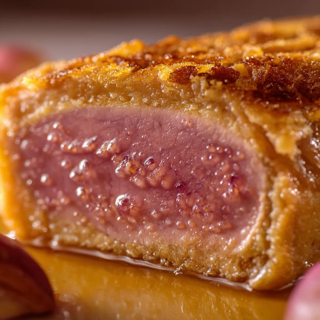 Gros plan montrant la texture dorée croustillante du foie gras poêlé et son cœur rosé fondant