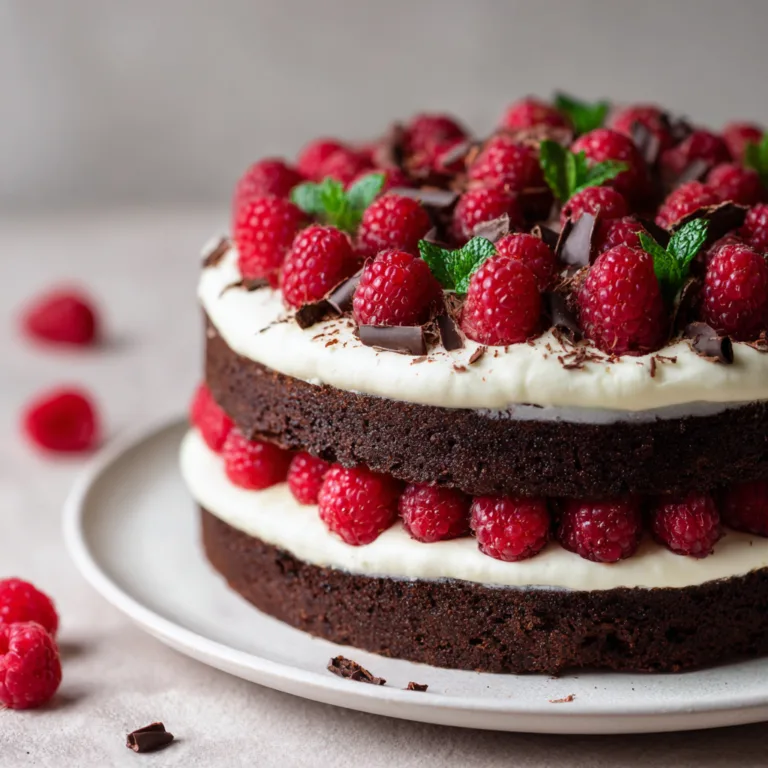 Forêt Noire aux Framboises vue du dessus décorée de framboises fraîches et copeaux chocolat