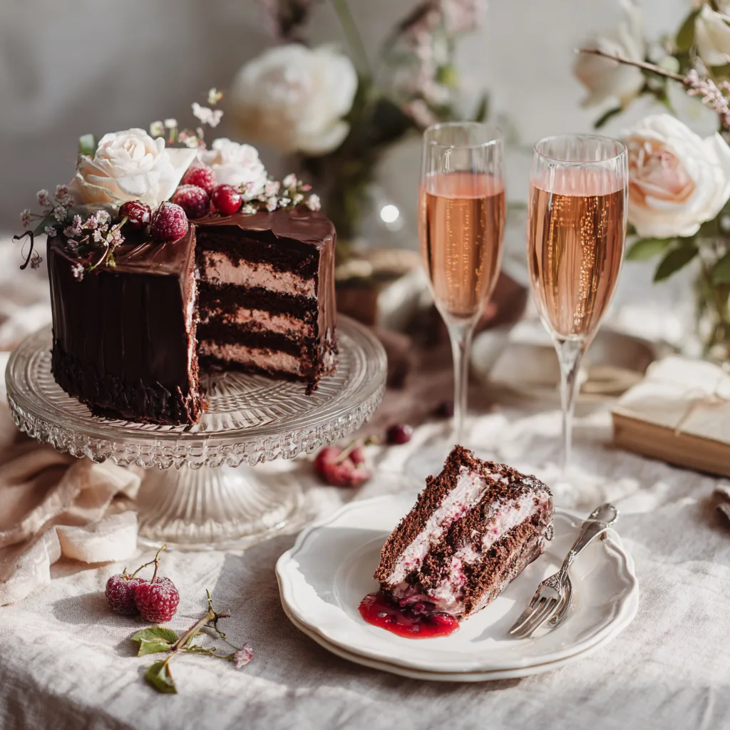 Forêt Noire aux Framboises servie sur table élégante avec champagne et décoration