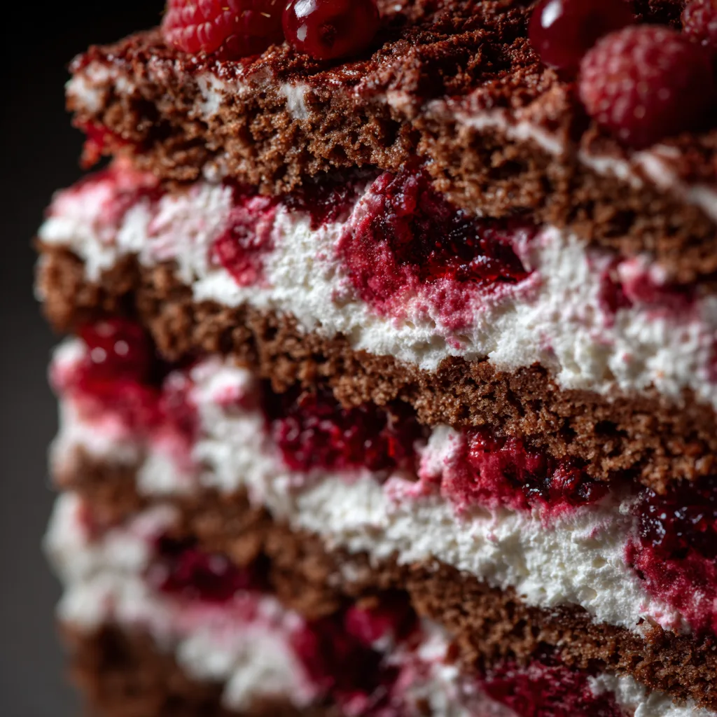 Tranche de Forêt Noire aux Framboises montrant les couches de chocolat crème et framboises