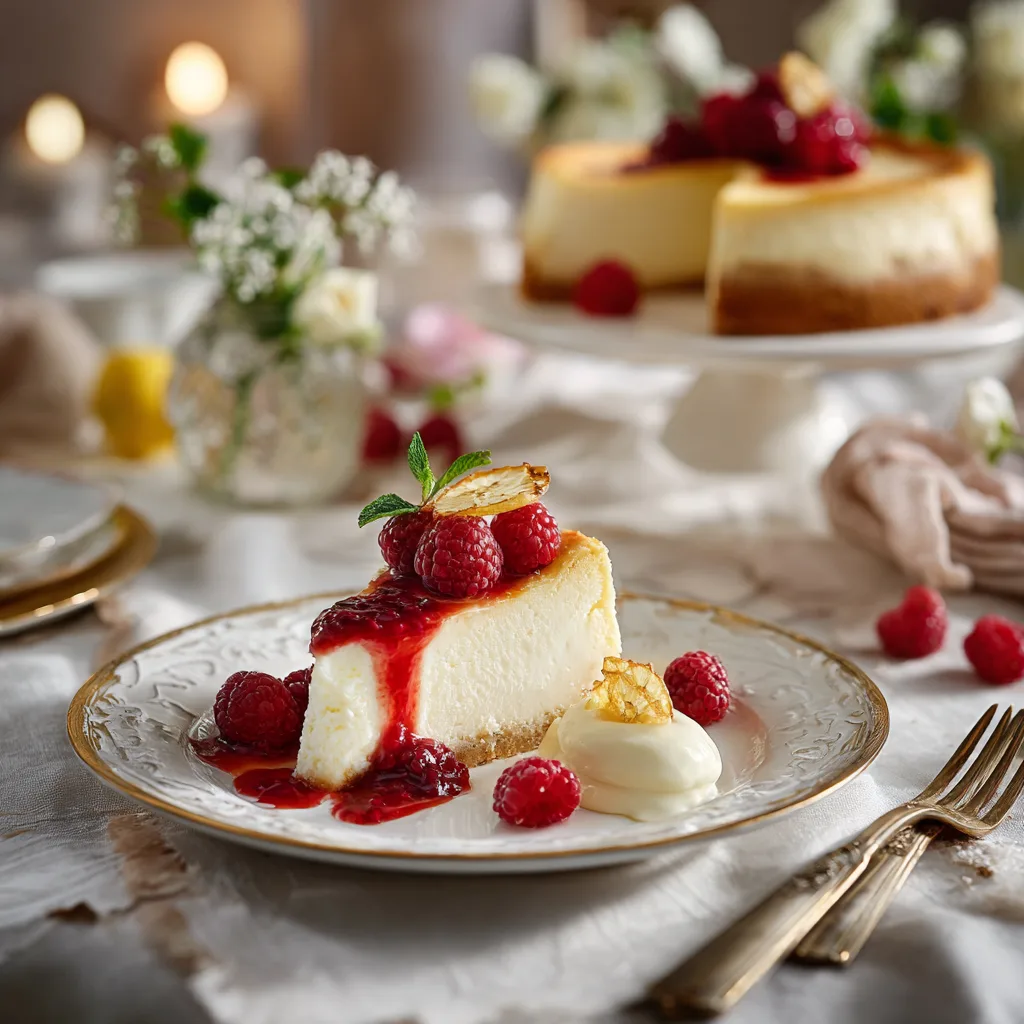 art de gâteau au fromage blanc citron servie élégamment avec coulis de framboises et crème sur assiette raffinée