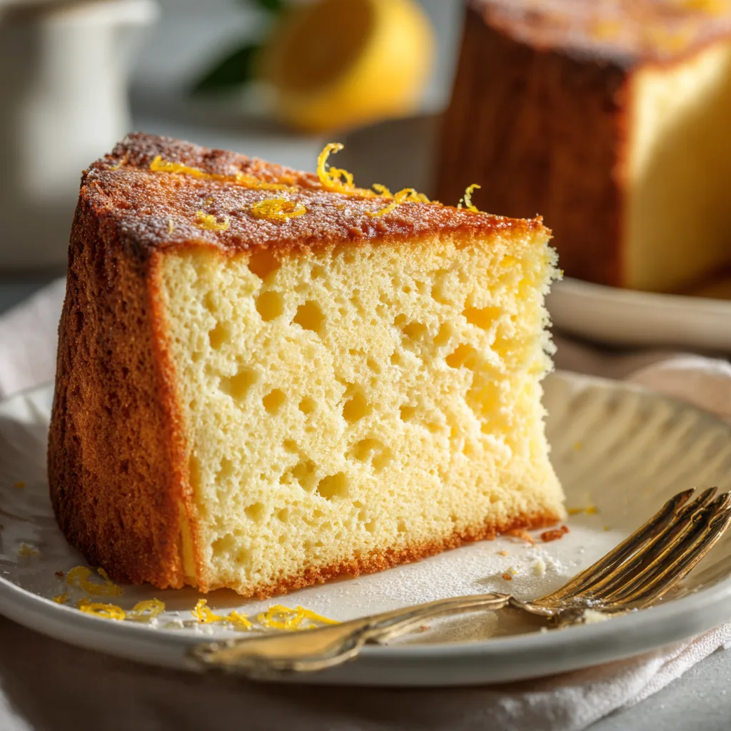 Gros plan texture moelleuse et aérienne d'une part de gâteau au fromage blanc citron coupée avec zeste visible