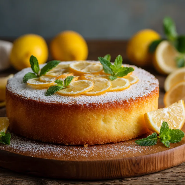 Gâteau au fromage blanc citron moelleux vu du dessus avec sucre glace et citrons frais sur table en bois
