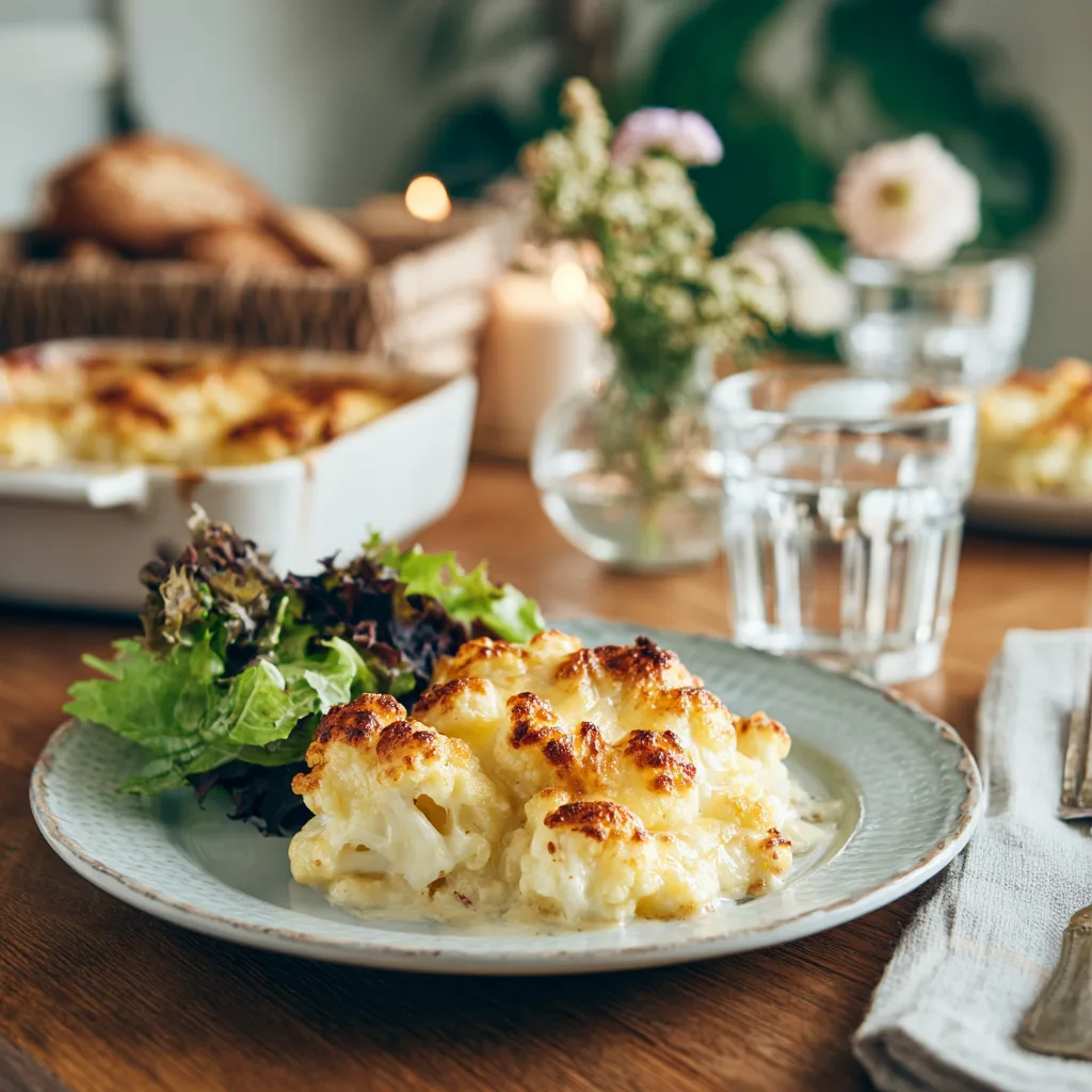 assiette servie de gratin de chou-fleur léger avec salade verte