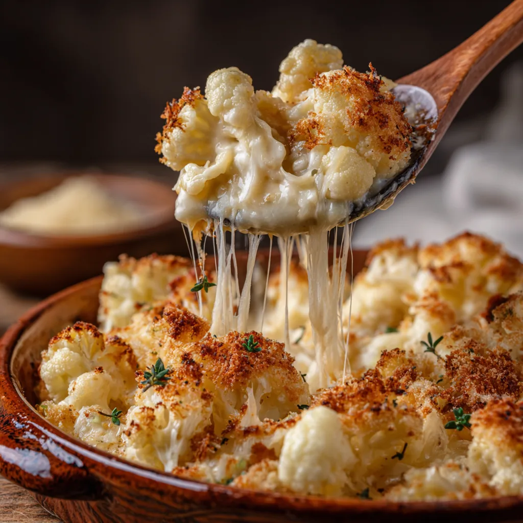 gros plan sur un gratin de chou-fleur léger crémeux et fondant