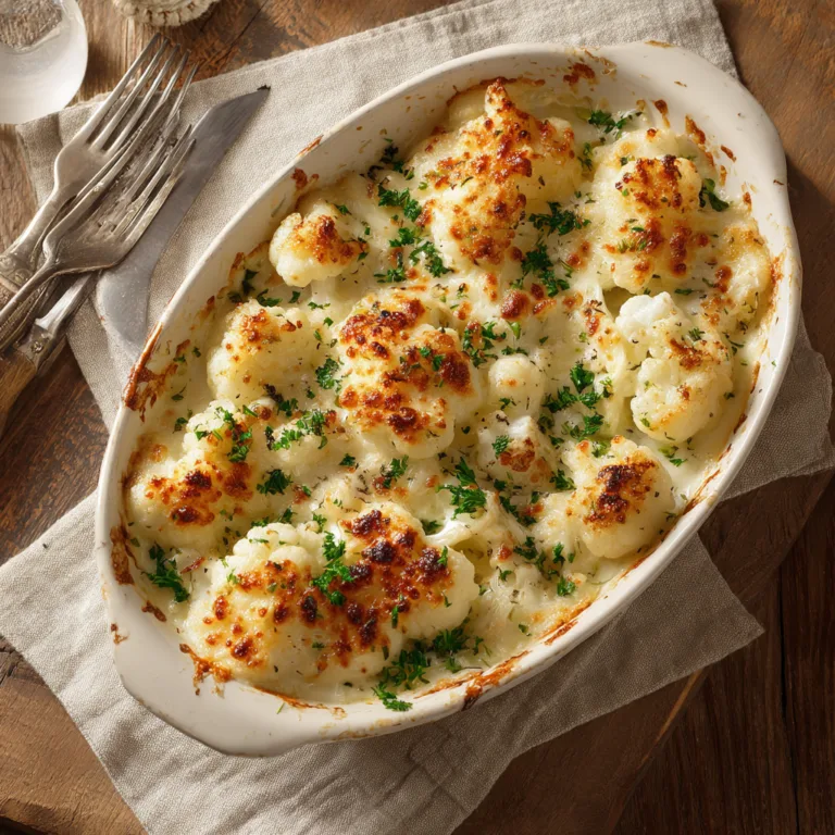gratin de chou-fleur léger doré vu de dessus dans un plat en céramique
