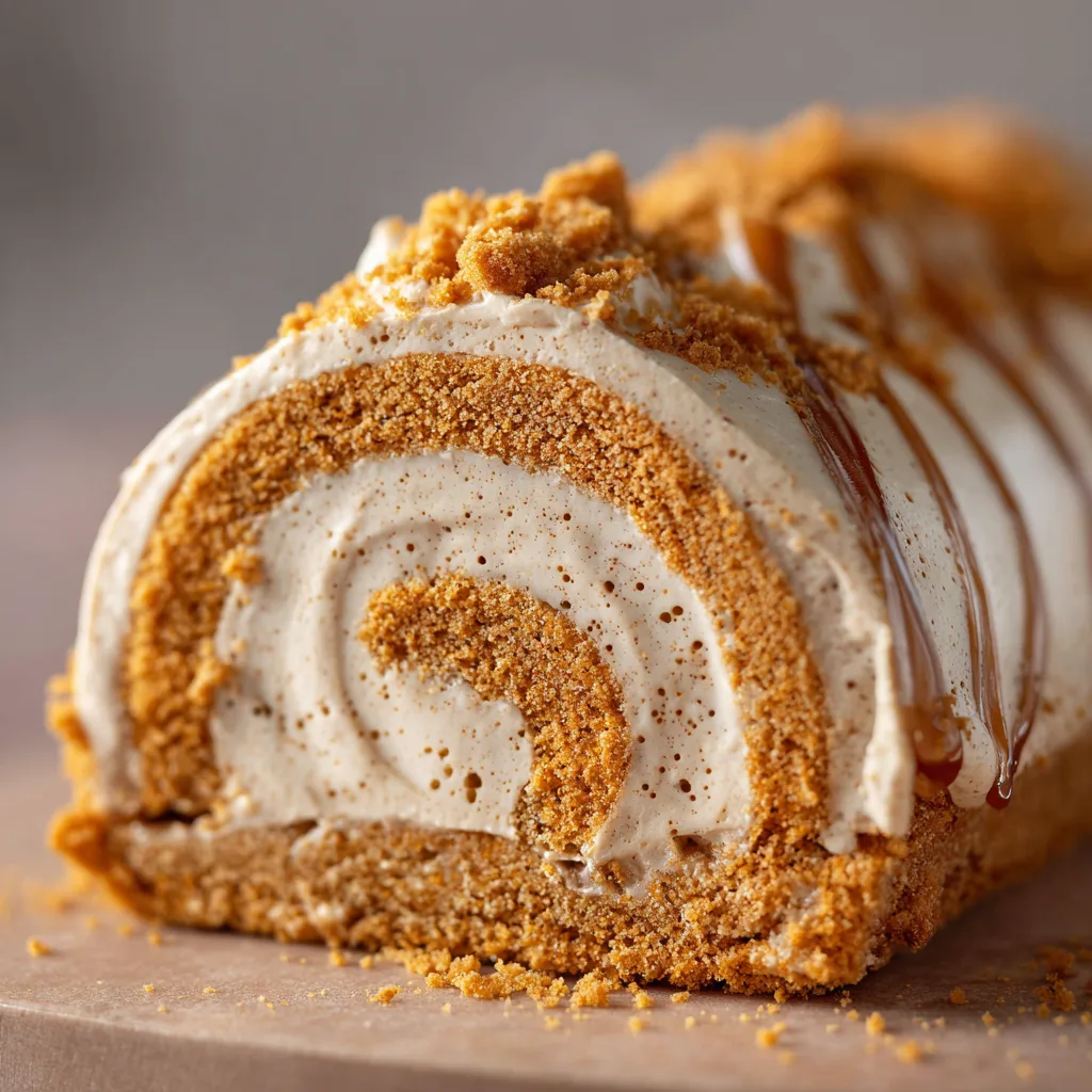 Gros plan sur une tranche de Bûche au Spéculoos montrant la crème onctueuse