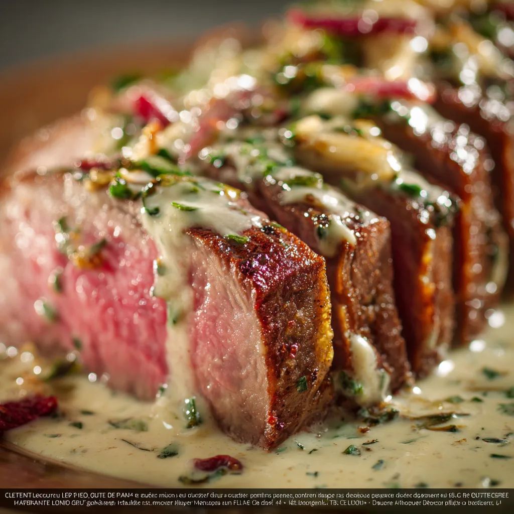 Gros plan sur un Filet de Bœuf à la Crème et Échalotes montrant la viande rosée et la sauce onctueuse