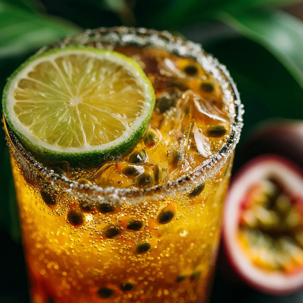 Gros plan texture mocktail fruit de la passion avec graines noires glaçons et bulles eau gazeuse