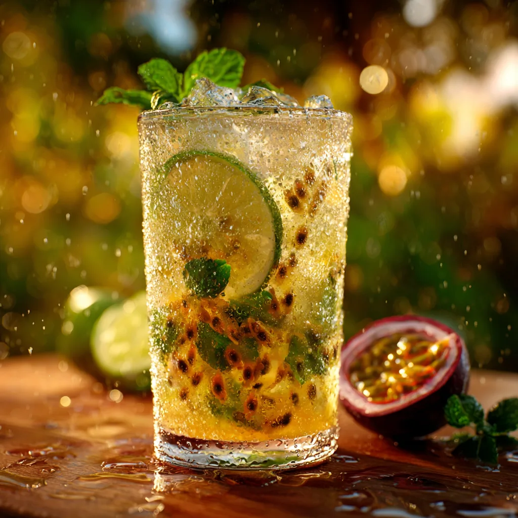 “Gros plan sur un verre de Mojito Fruit de la Passion avec pulpe et menthe”