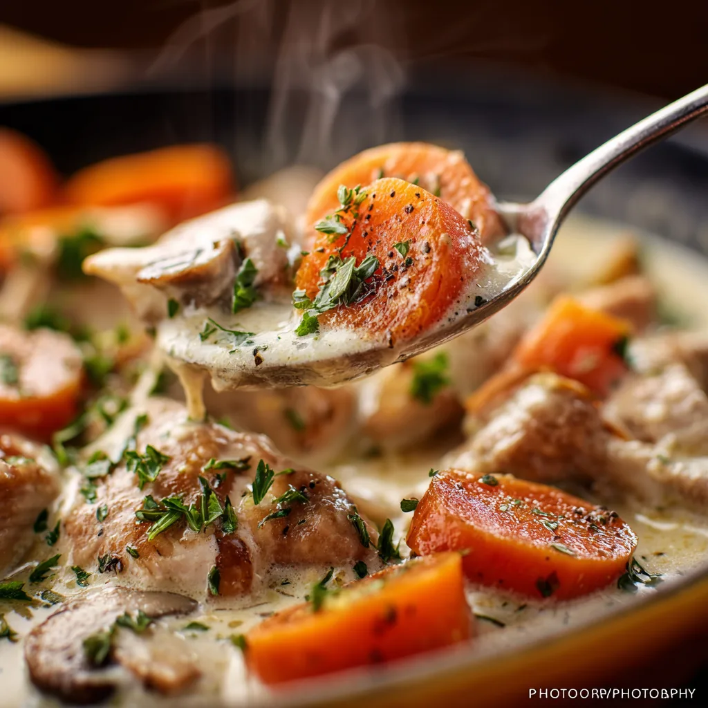 Gros plan sur une cuillère de blanquette de veau avec sauce onctueuse