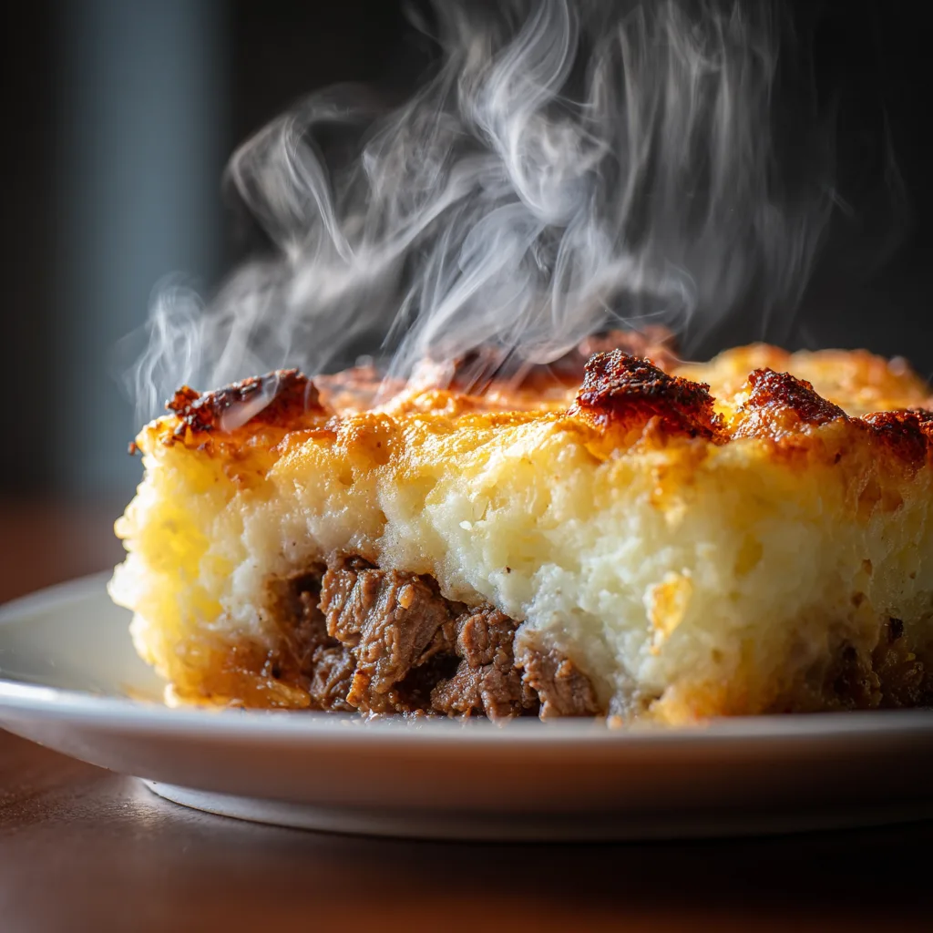 Portion de Hachis Parmentier montrant viande de bœuf hachée et purée de pommes de terre onctueuse