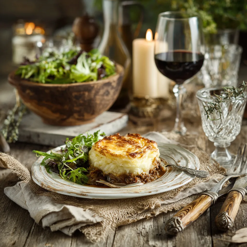 Hachis Parmentier servi sur table avec salade verte et vin rouge, présentation élégante
