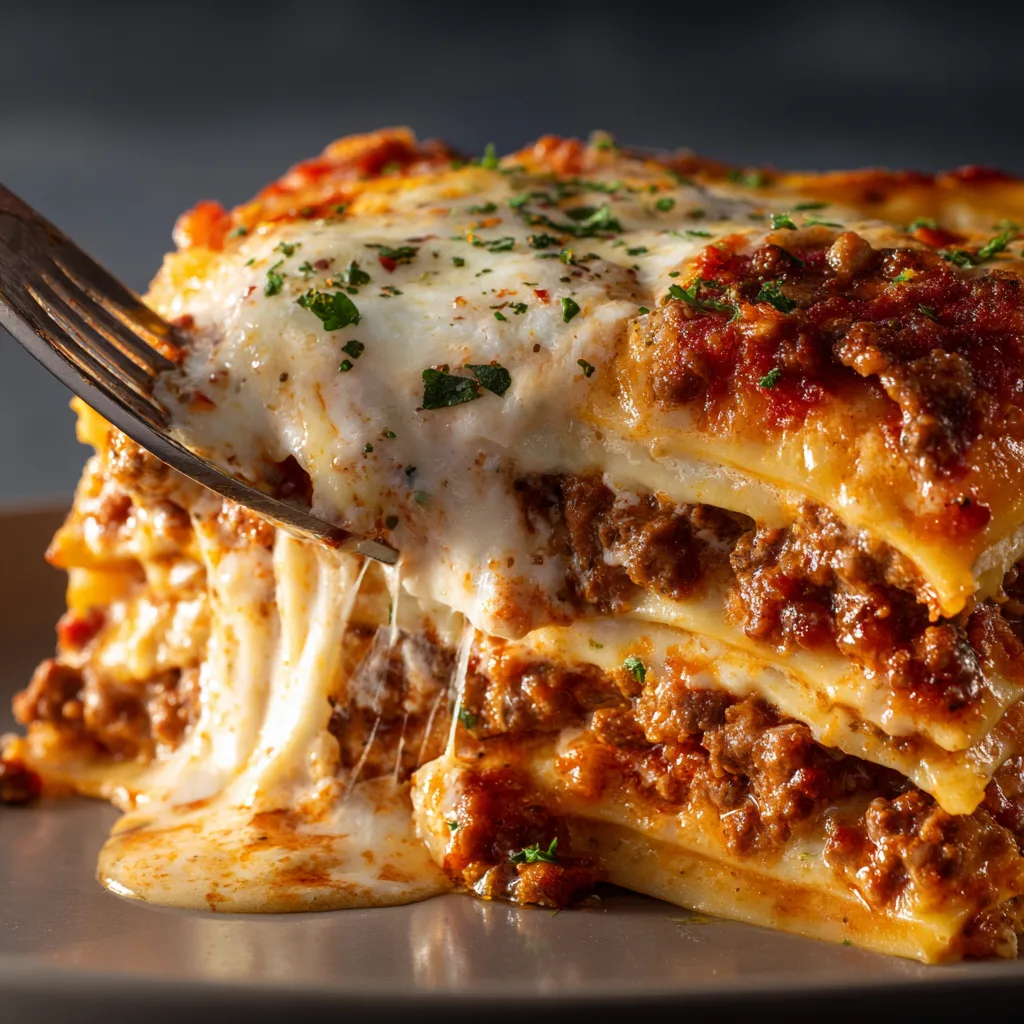 Gros plan sur les couches de lasagnes bolognaises montrant sauce viande et béchamel