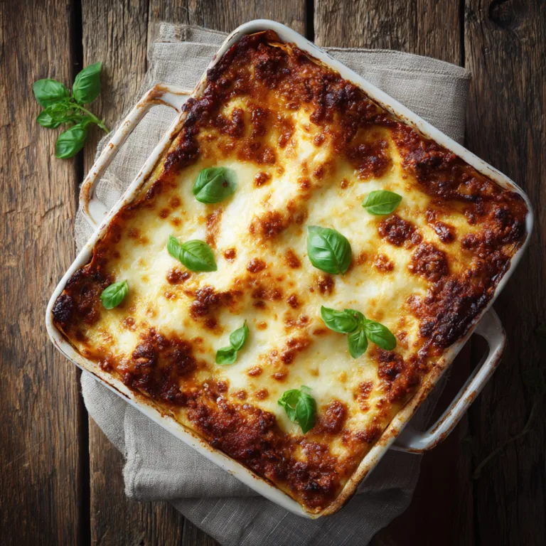 Lasagnes bolognaises maison avec croûte dorée au parmesan dans un plat de cuisson blanc