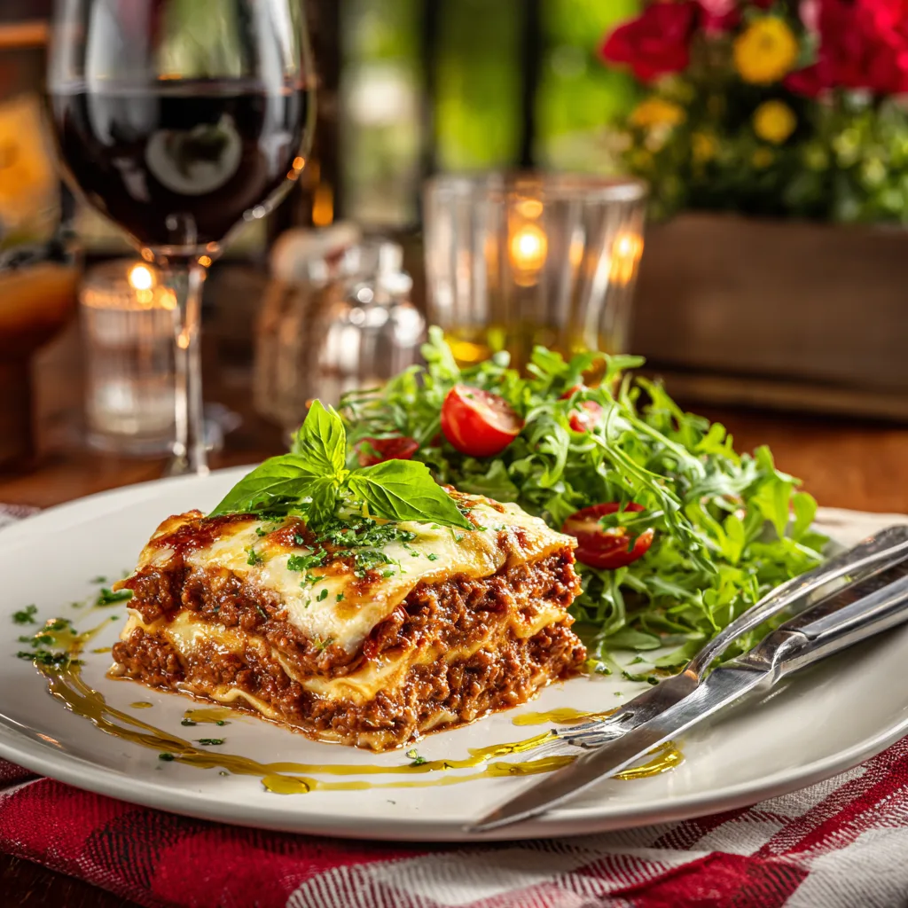 Portion de lasagnes bolognaises servie avec salade roquette et basilic frais