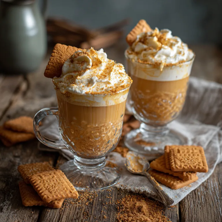 Latte spéculoos maison dans tasses en verre avec crème fouettée et biscuits écrasés, vue du dessus
