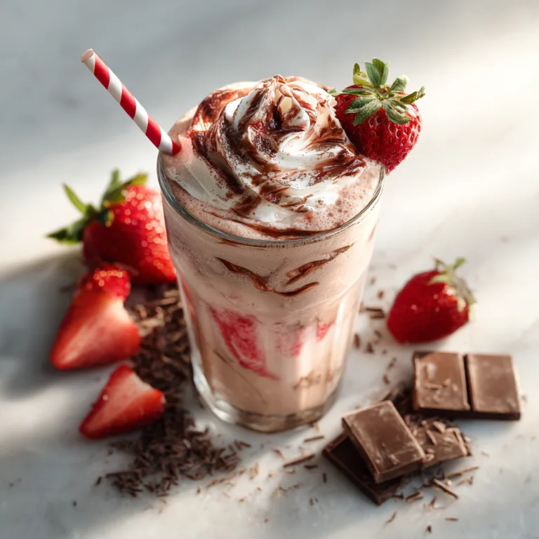 Milkshake Chocolat et Fraise vue de dessus avec fraises fraîches et chocolat