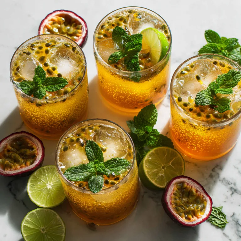 Mocktails au fruit de la passion servis dans des verres avec glaçons menthe fraîche et tranches de citron vert vue de dessus