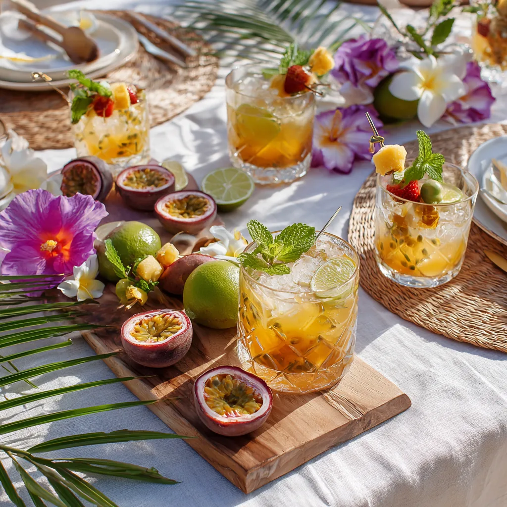 Mocktails fruit de la passion stylisés table tropicale avec garnitures fruits frais fleurs décoration élégante