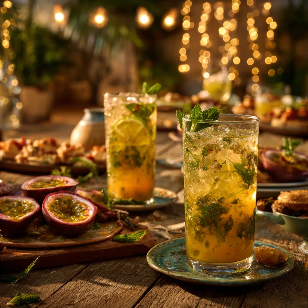 “Mojito Fruit de la Passion servi à table avec tapas et décor d’été”