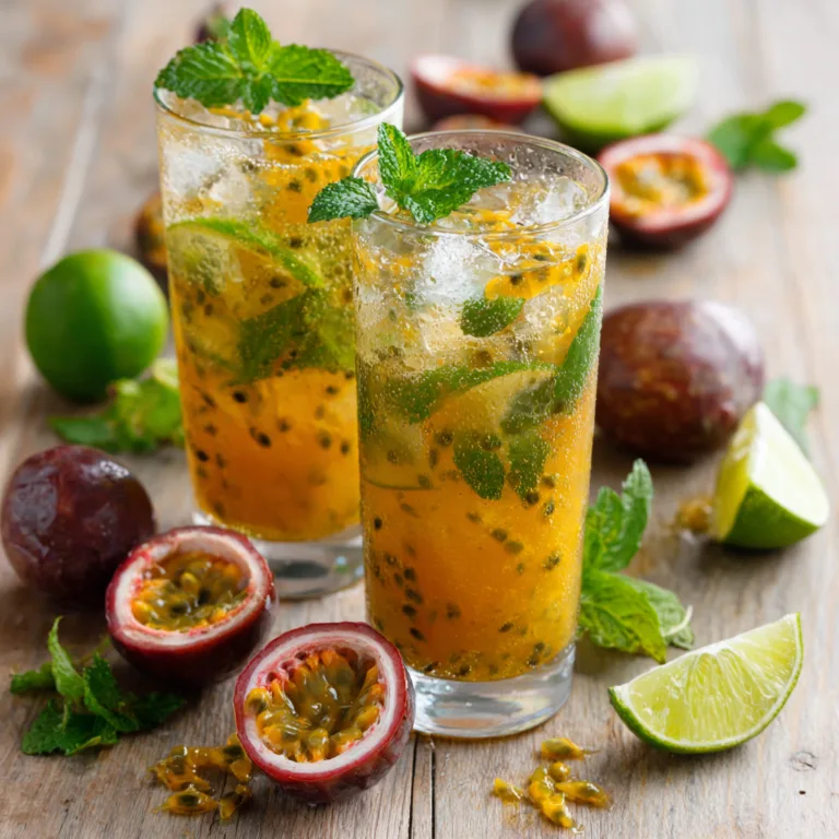 “Mojito Fruit de la Passion vu de dessus avec menthe, citron vert et glace sur une table”
