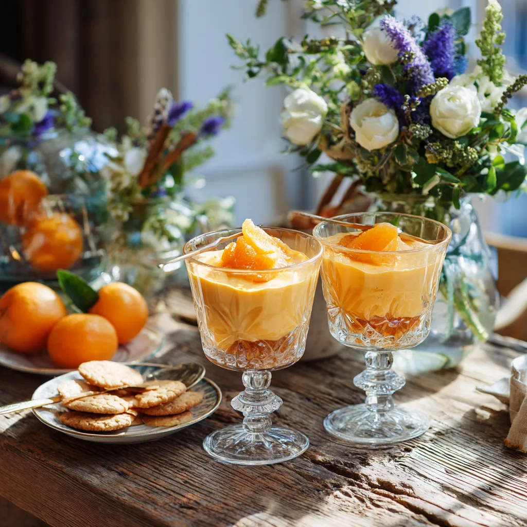 Mousse à l'orange légère servie élégamment avec accompagnements et décoration