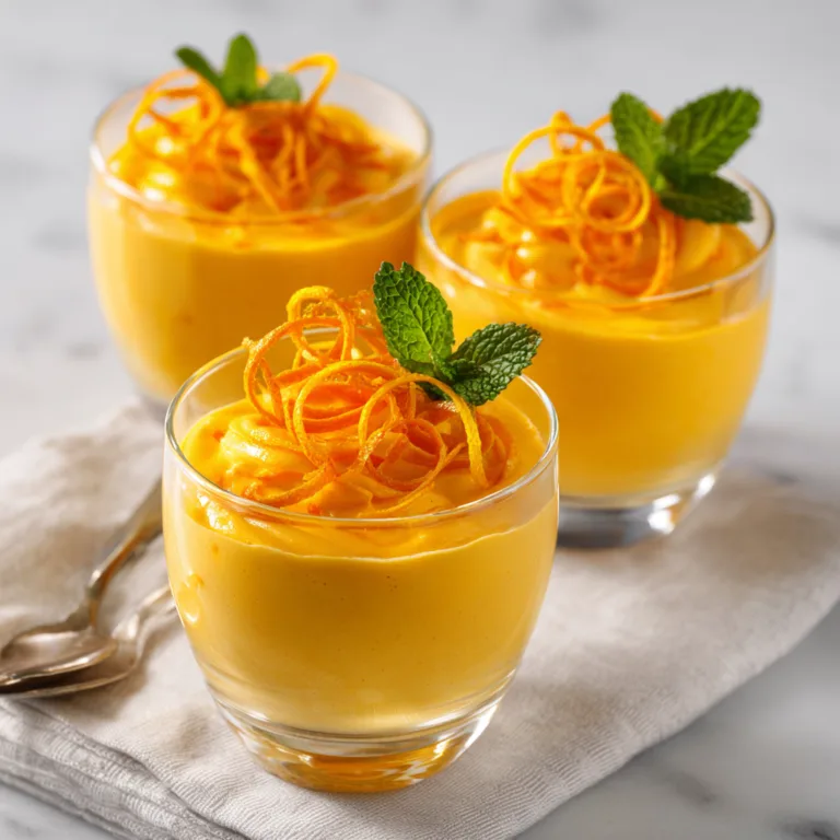 Mousse à l'orange légère servie en verrines avec zeste d'orange frais et menthe
