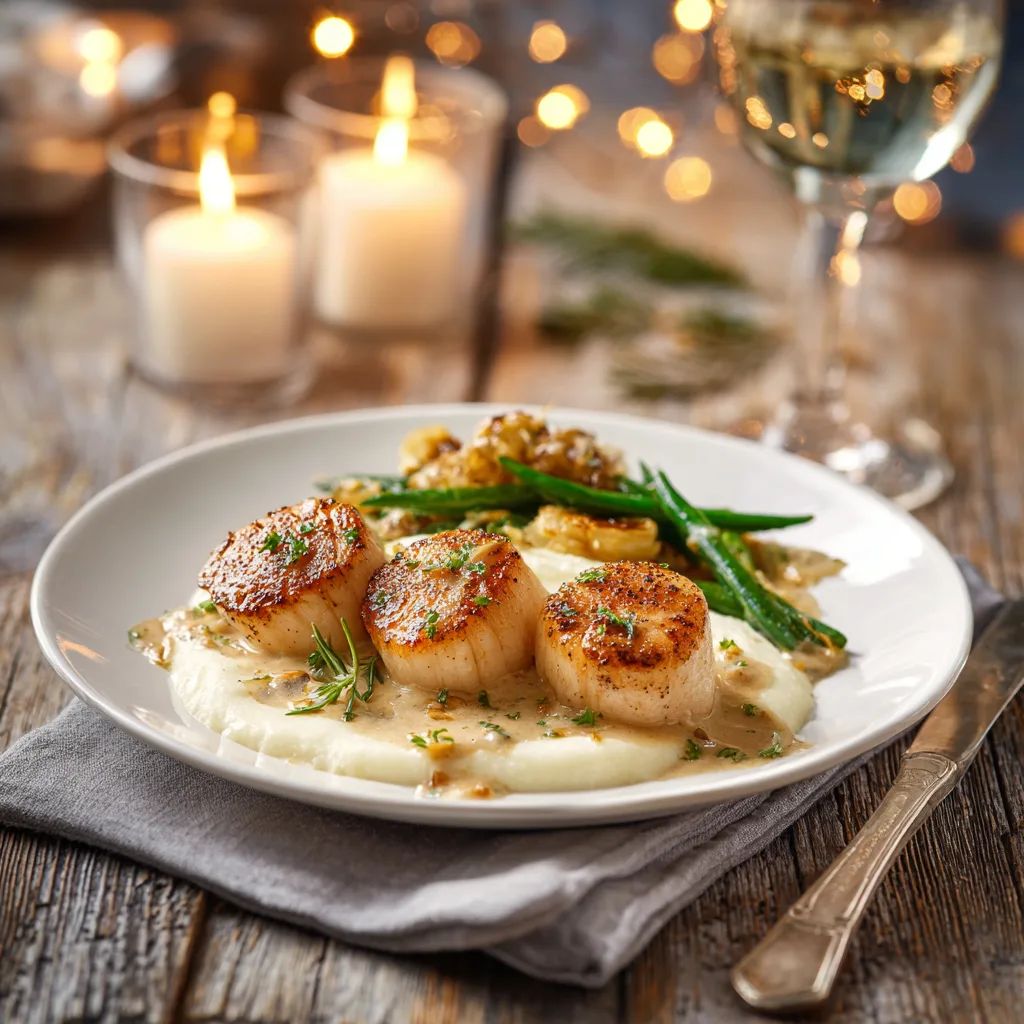 Noix de Saint-Jacques à la crème présentées sur table gastronomique avec vin blanc