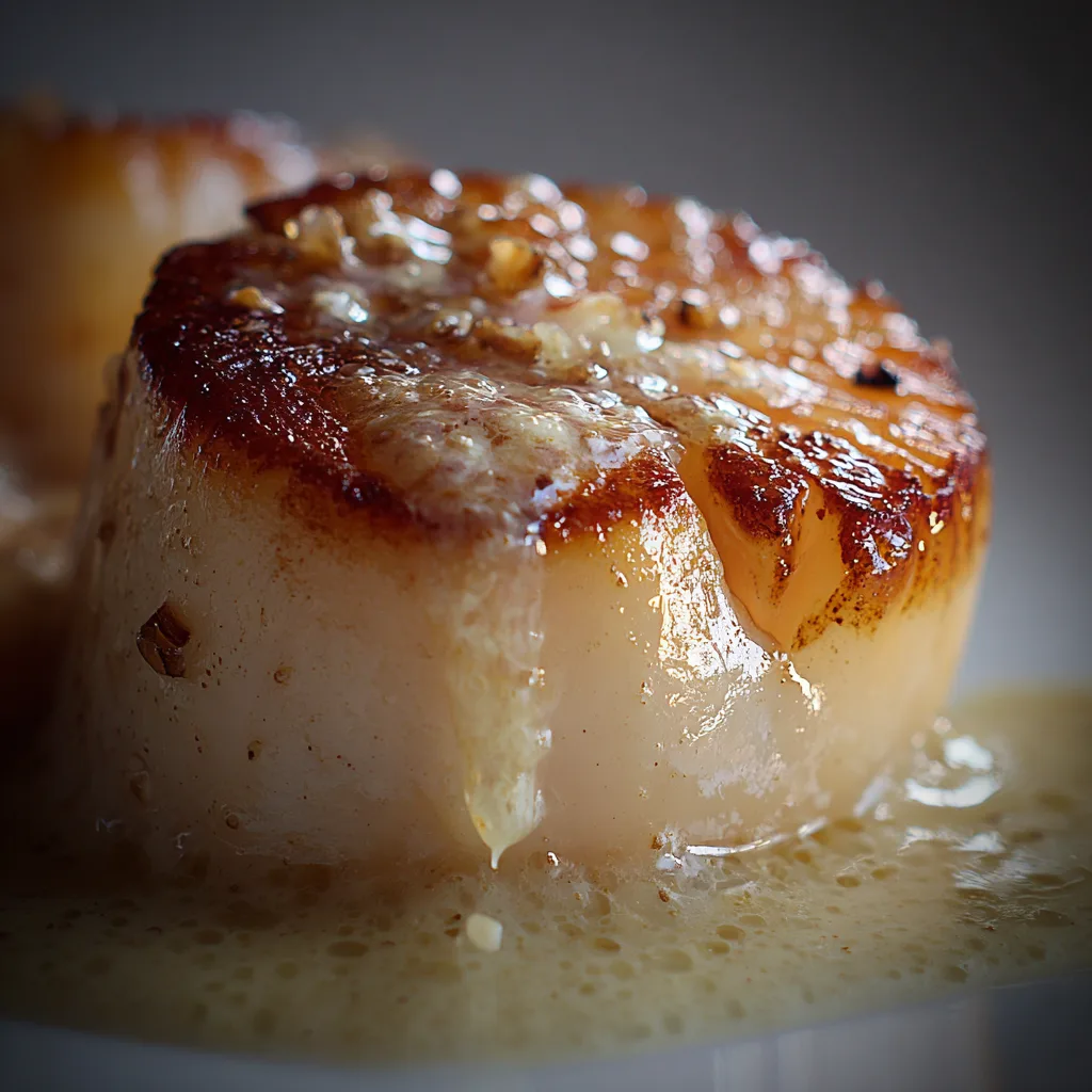 Gros plan texture noix de Saint-Jacques à la crème montrant la chair nacrée et la croûte dorée