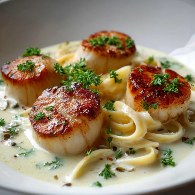 Noix de Saint-Jacques à la crème vue du dessus avec sauce onctueuse et persil frais