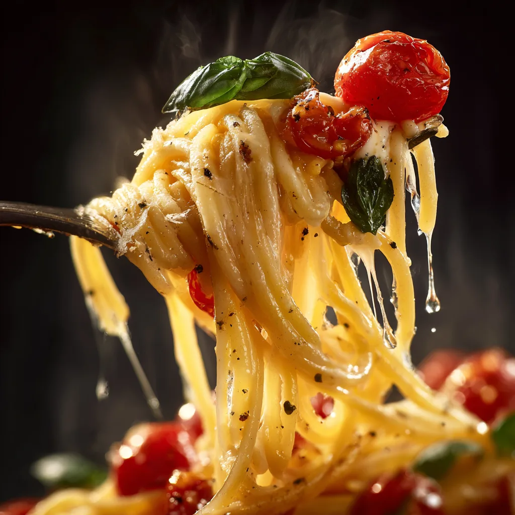 Gros plan fourchette enroulant spaghetti One-Pot Pasta sauce crémeuse mozzarella filante tomates cerises