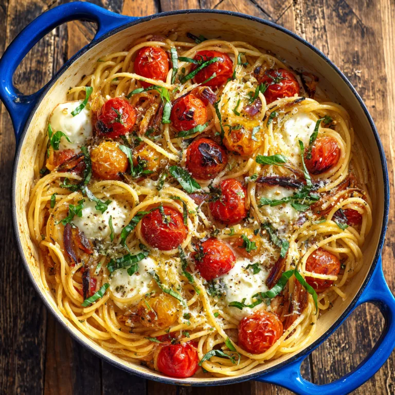 One-Pot Pasta italien fraîchement préparé dans cocotte avec spaghetti tomates cerises mozzarella basilic vue dessus