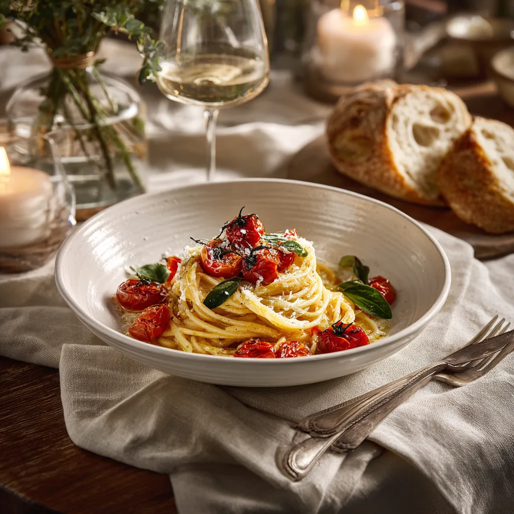 One-Pot Pasta servi assiette élégante spaghetti tomates mozzarella basilic présentation restaurant italien