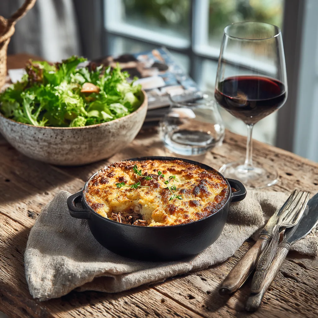 Parmentier de canard aux légumes servi avec salade verte et vin rouge sur table rustique