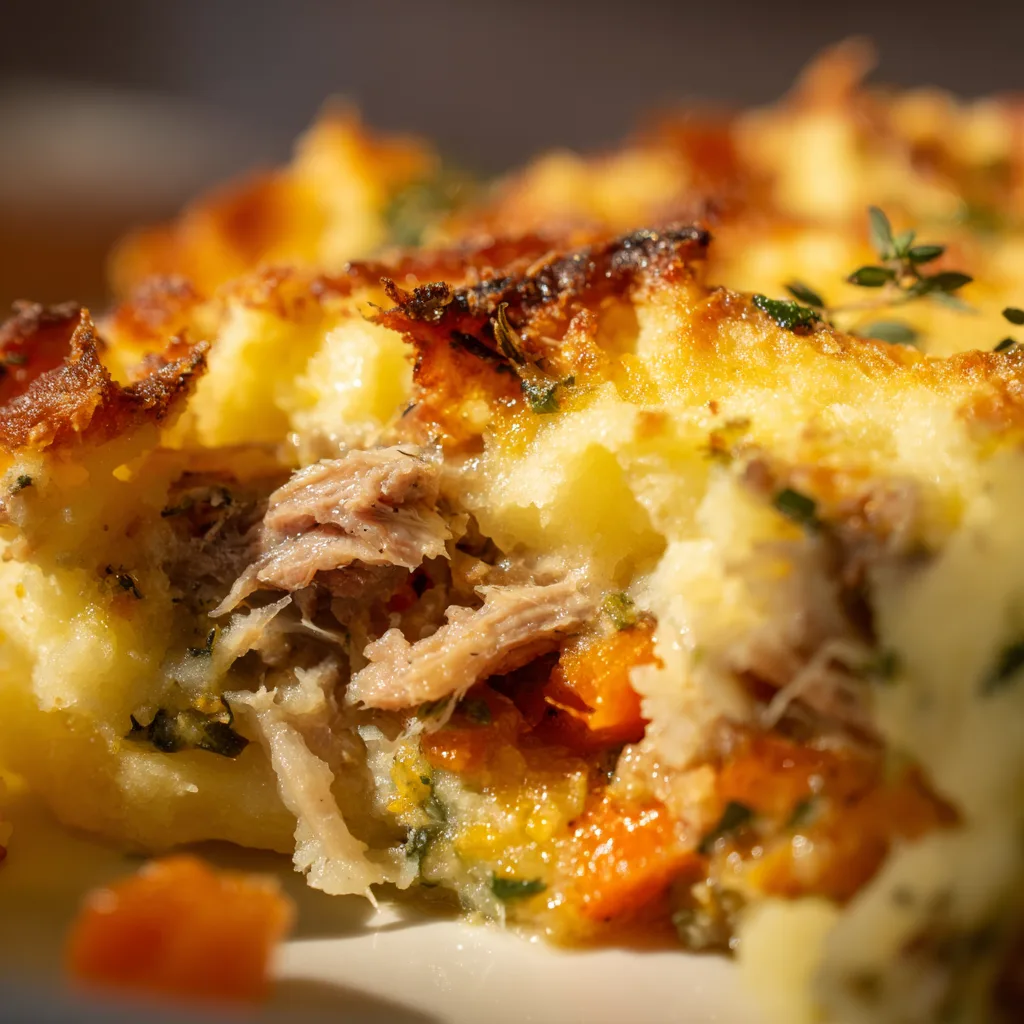 Gros plan sur une part de Parmentier de canard aux légumes montrant les couches de purée et confit