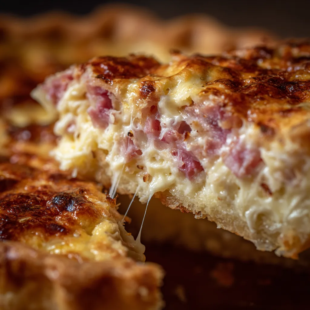 Gros plan d'une part de quiche au jambon et fromage montrant la texture moelleuse et crémeuse de la garniture