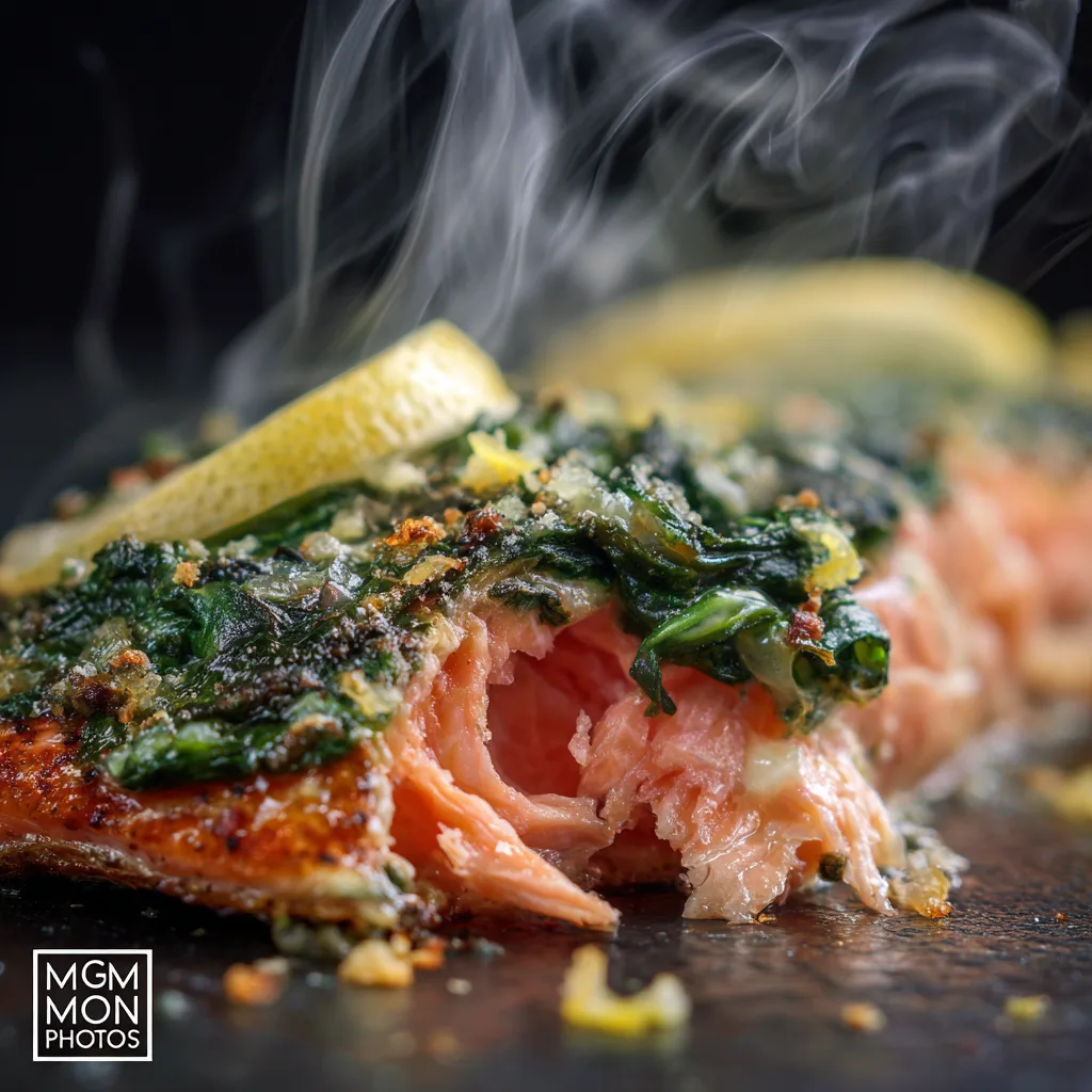 Gros plan sur un Pavé de Saumon aux Épinards à la peau croustillante et aux épinards crémeux