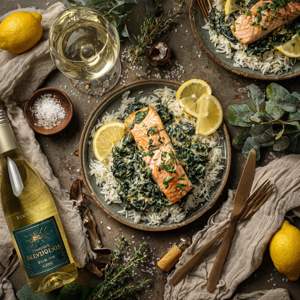 Pavé de Saumon aux Épinards servi avec du riz sur une table dressée