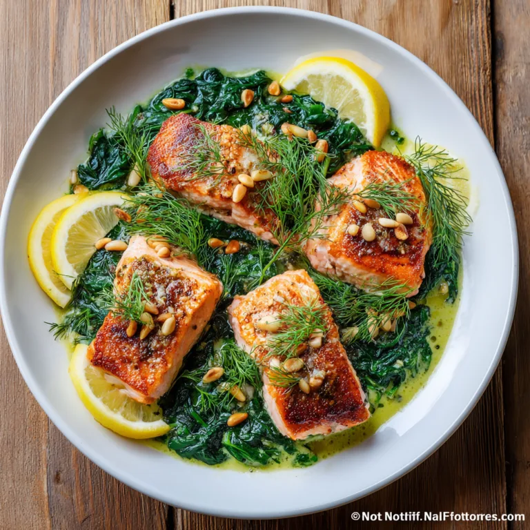 Pavé de Saumon aux Épinards servi sur un lit d’épinards crémeux, vue du dessus
