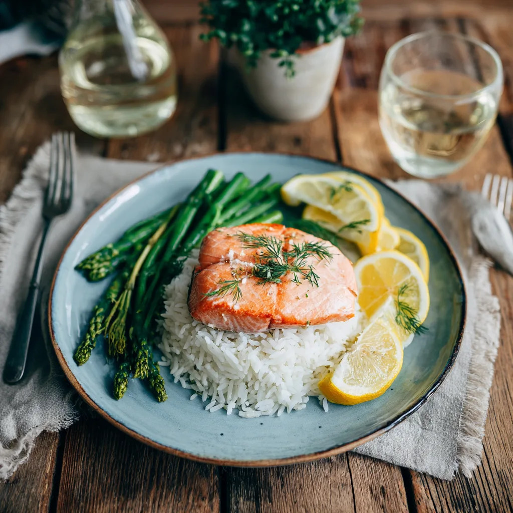 Pavé de saumon et riz basmati élégamment dressé sur une belle table