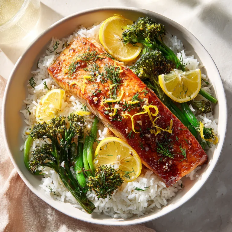 Pavé de saumon doré sur riz basmati avec légumes verts et herbes fraîches