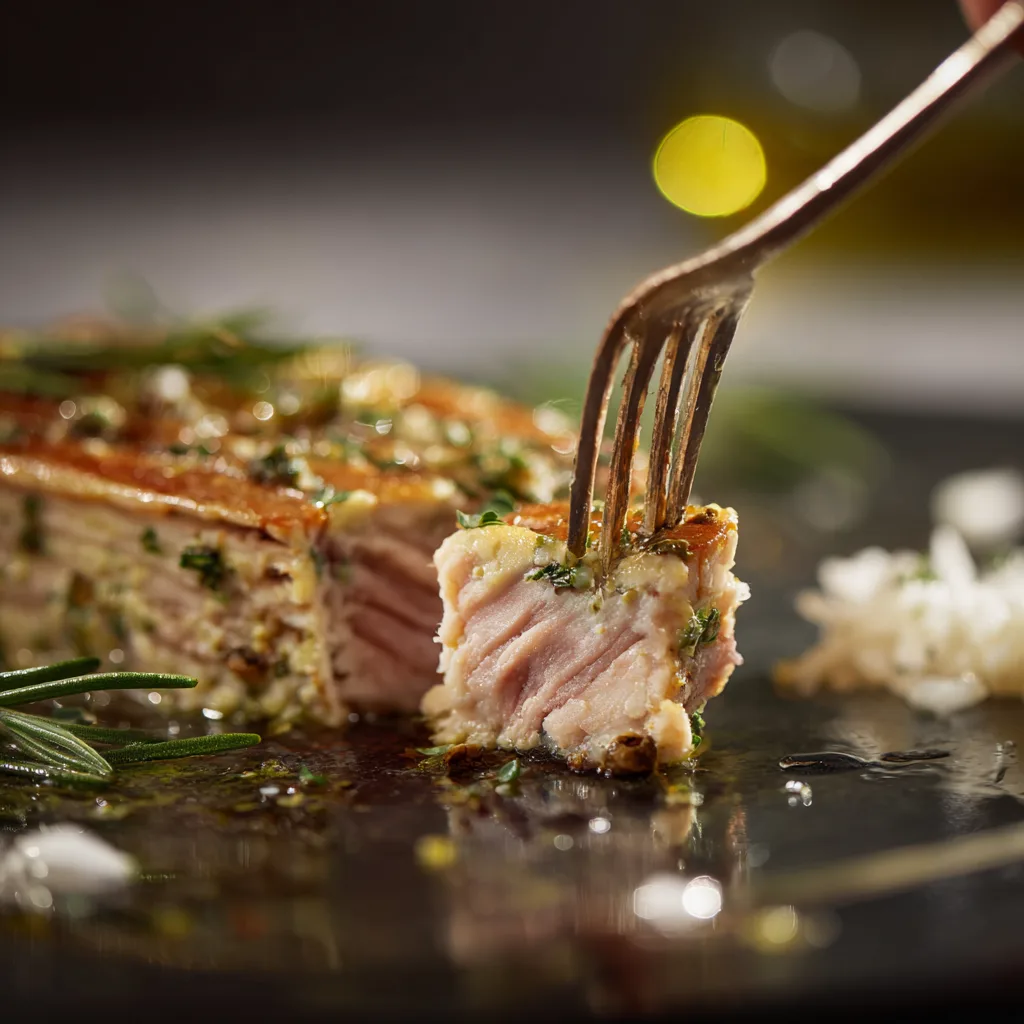 Gros plan de la texture moelleuse d'un pavé de saumon avec croûte dorée
