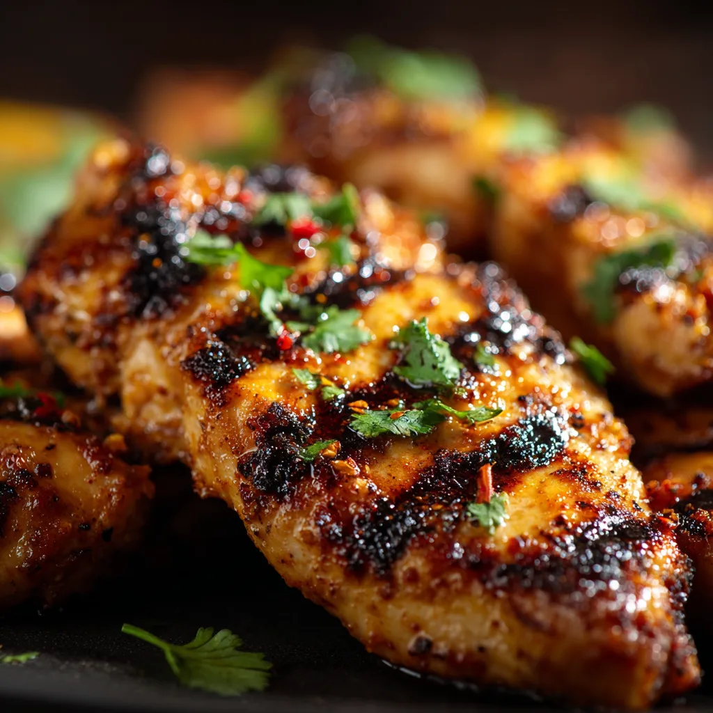 Gros plan sur du poulet grillé juteux pour tacos maison avec marques de cuisson dorées