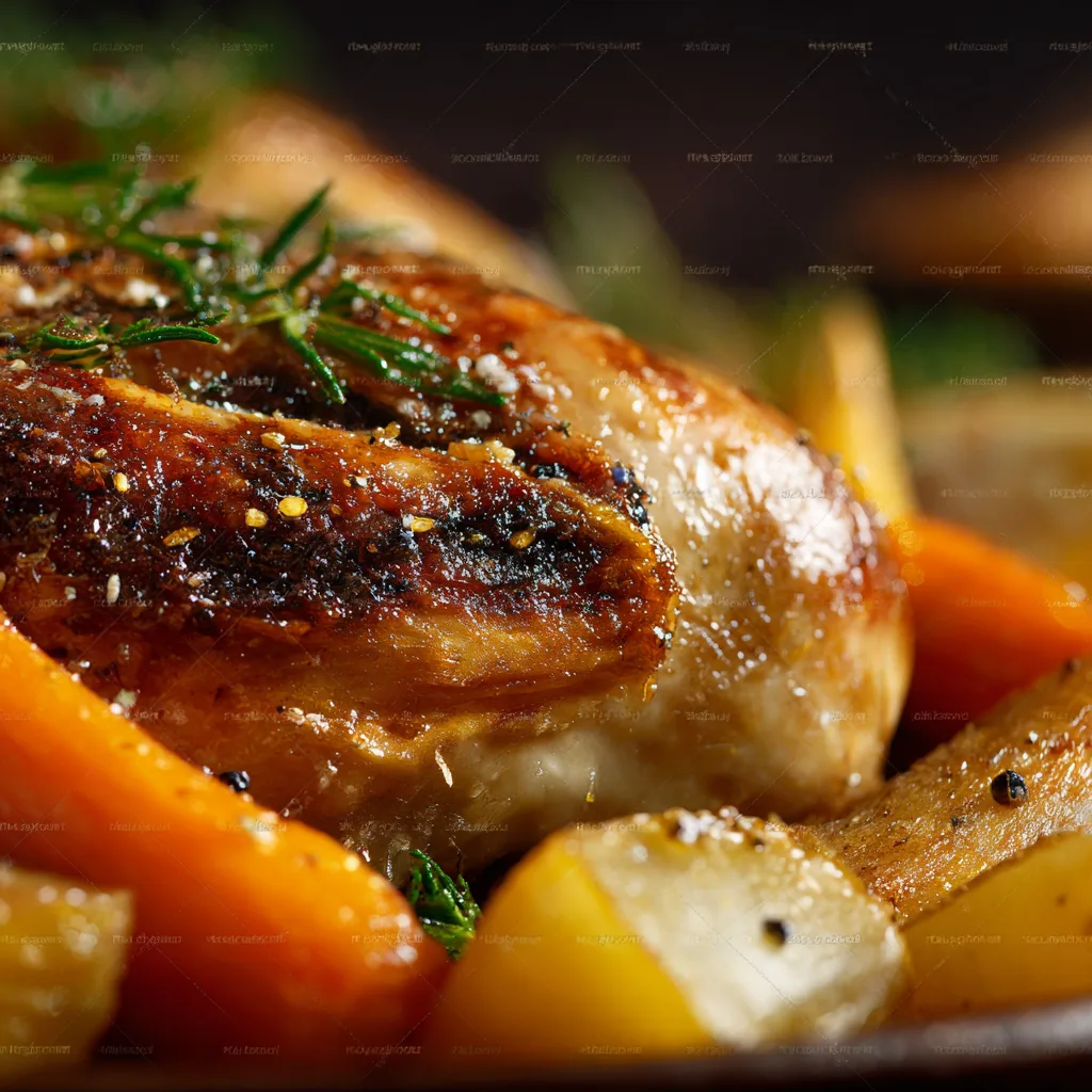 Gros plan sur la peau croustillante d’un poulet rôti aux légumes d’hiver.