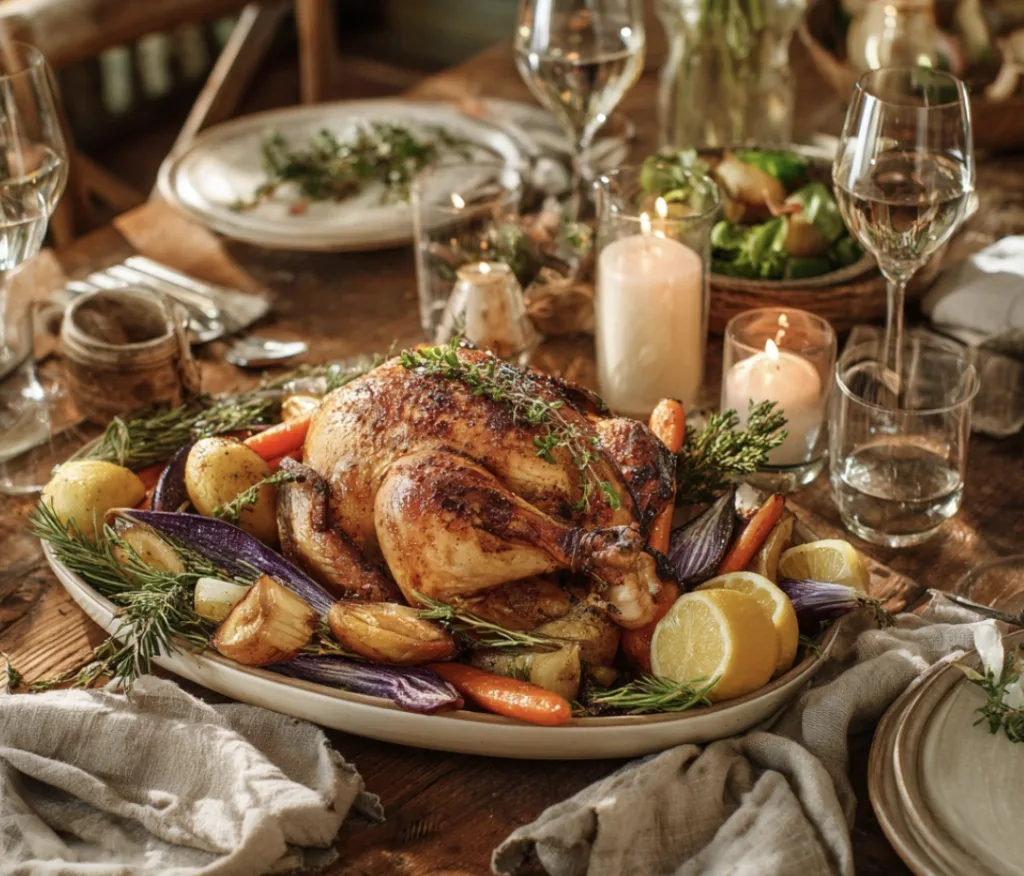 Poulet rôti aux légumes d’hiver servi à table avec accompagnements.