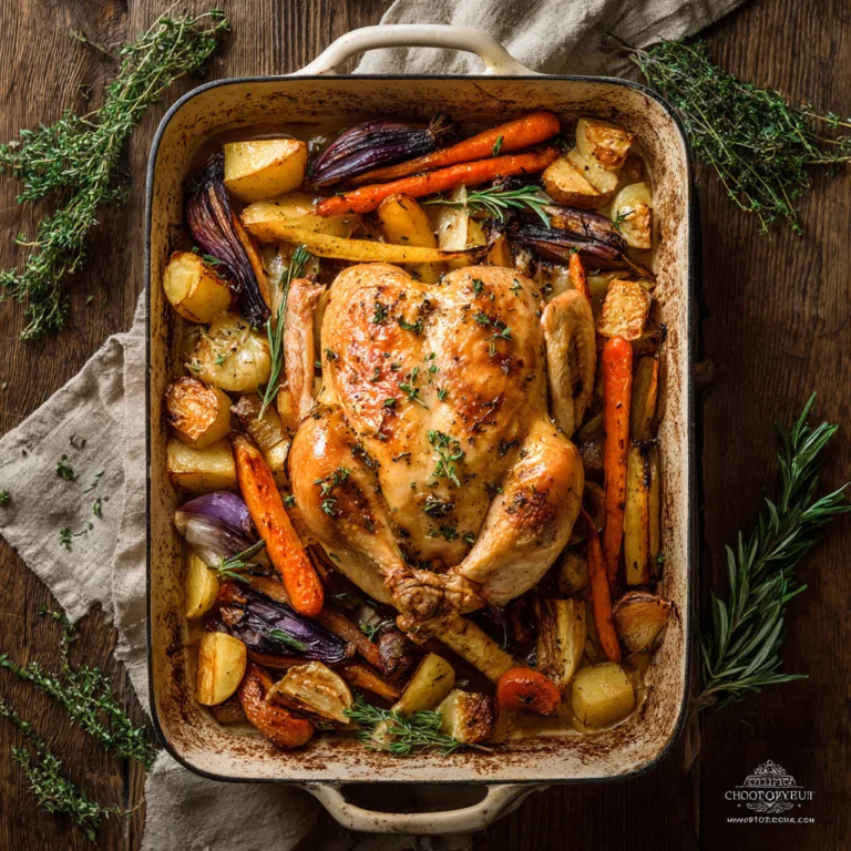 Poulet rôti aux légumes d’hiver vu du dessus dans un grand plat avec légumes caramélisés.